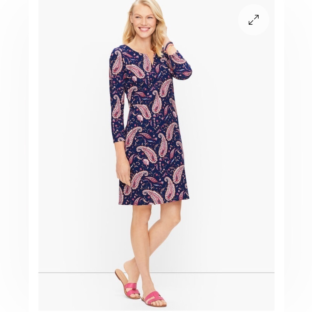 TALBOTS 100% cotton knit shift dress, size Small Petite, navy blue, paisley